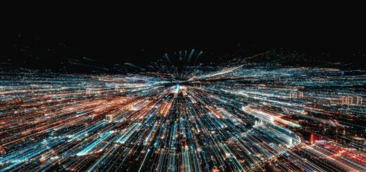 Abstract city data visualization with blue and orange light trails