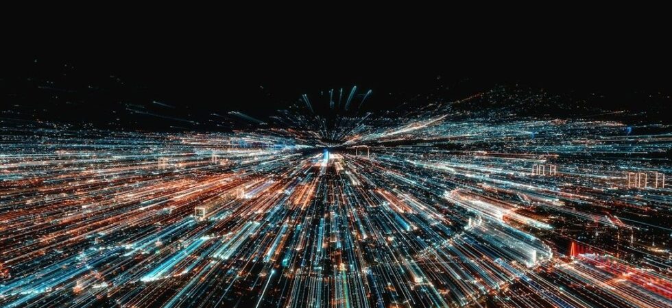 Abstract city data visualization with blue and orange light trails